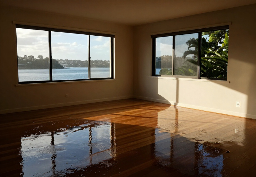 Flooded living room in a Surry Hills terrace before restoration